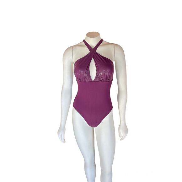 Silvian Imberg Purple One Piece Swim Criss Cross Neck Size 8 - Picture 2 of 11